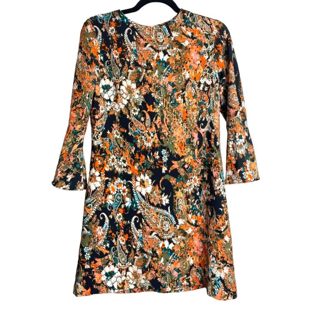 WAYF DRESS S FAIRY FLORAL FOREST ORANGE MULTI LONG BELL SLEEVE MINI SHORT